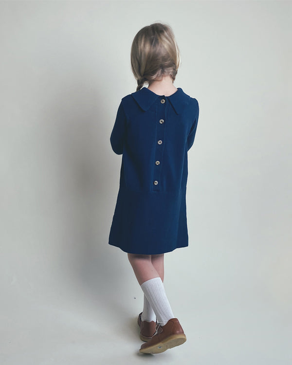 Robe de sœur en bleu, dos. Fabriquée en 100% coton durable, design islandais 
