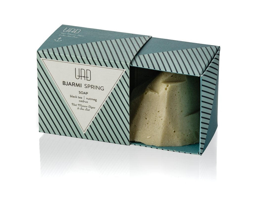 BJARMI spring soap is handmade. The soap is made from sea salt which gently exfoliates the skin and natural oils which leave the skin feeling soft and nourished.